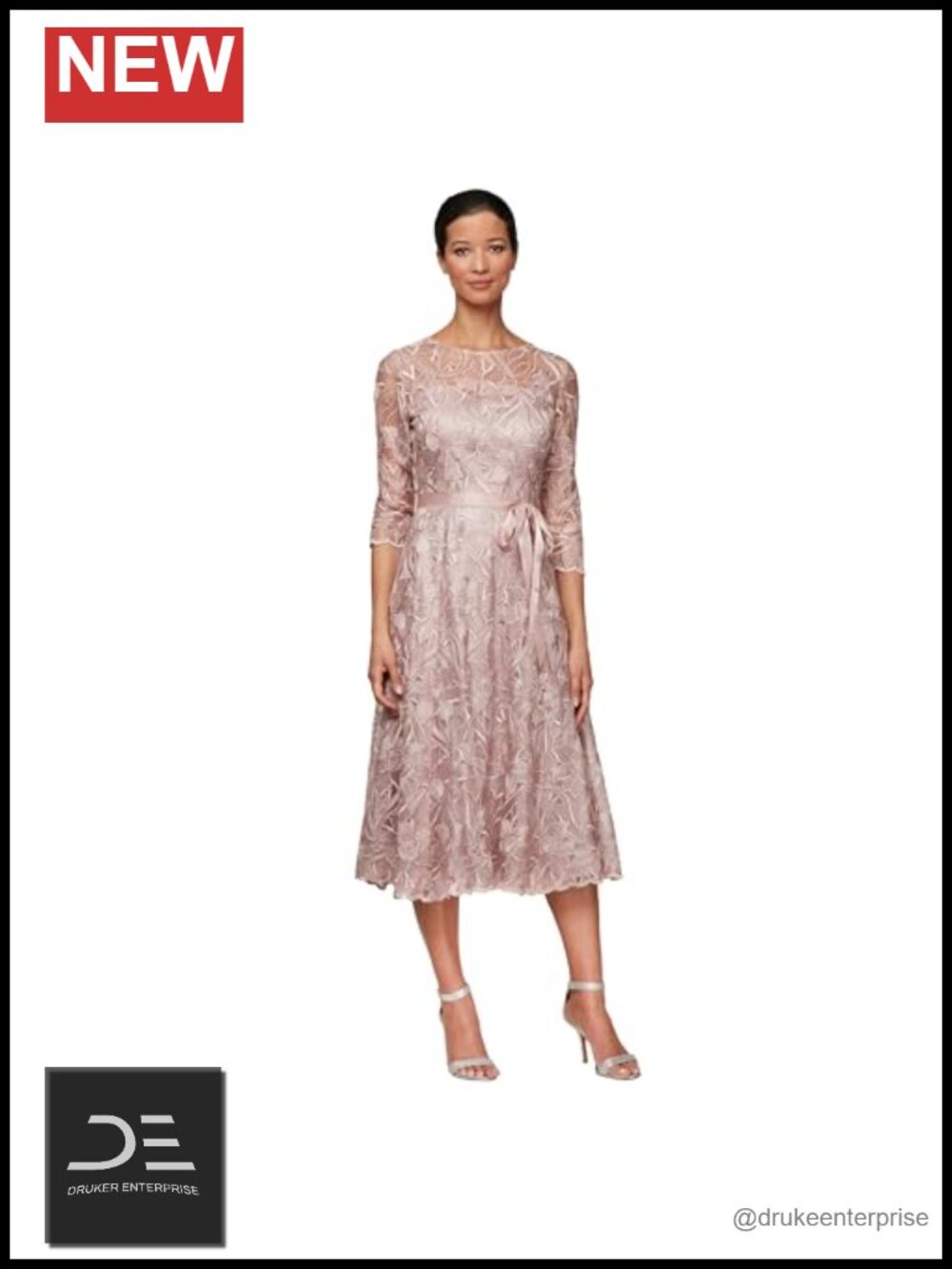 Tea Length Embroidered Cocktail Dress Illusion Sleeves Wedding Guest
